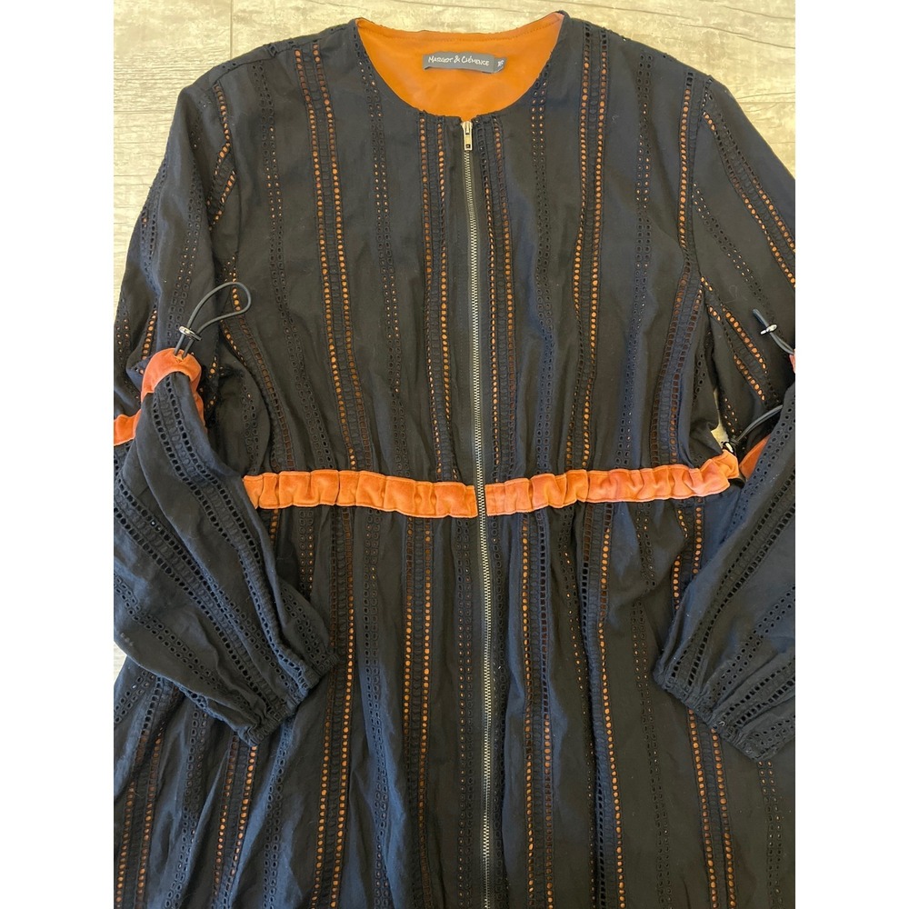 MARGOT & CLEMENCE Black Eyelet Midi Dress Tan Velour Trim Full Zip Size 16